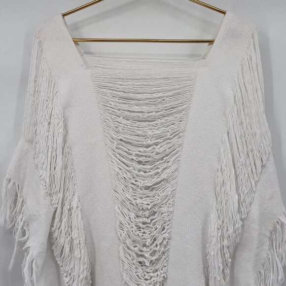 Maria Victoria by Lula Loom White Fringe Knit Poncho Ruana One Size 100% Cotton - Picture 2 of 9